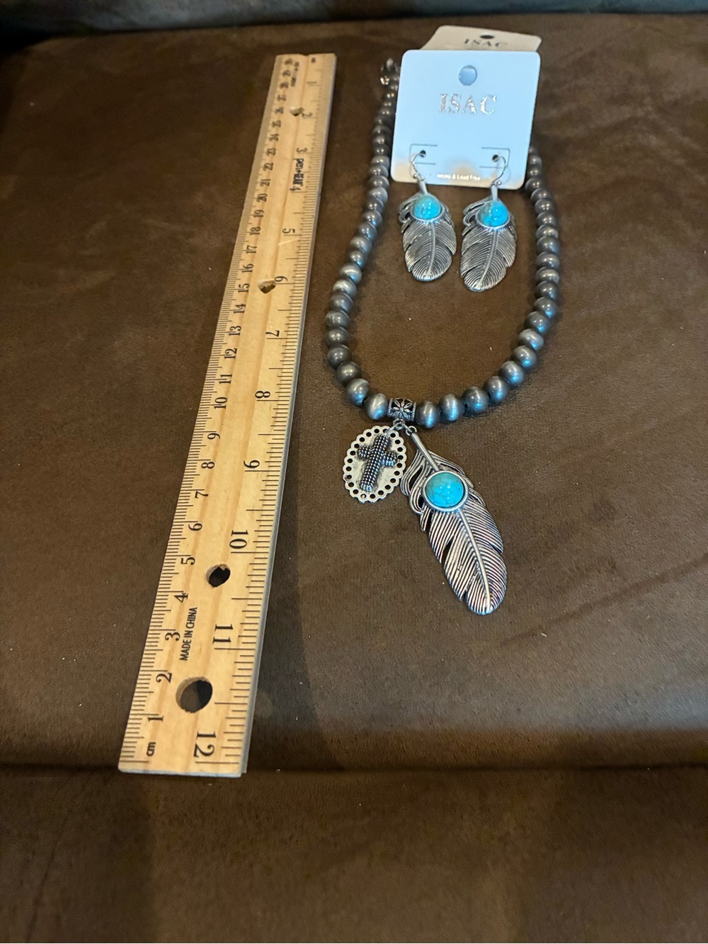 Turquoise Accent Feather Necklace & Earring Set - Silver Beaded
